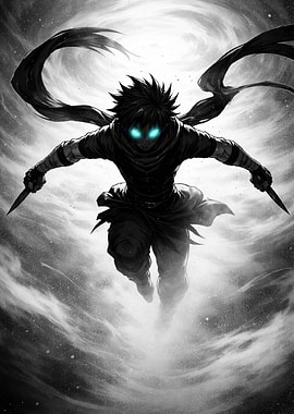 Anime Ninja with Glowing Eyes and Knives