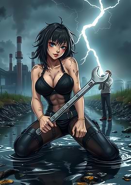 Mechanic Girl in Industrial Storm
