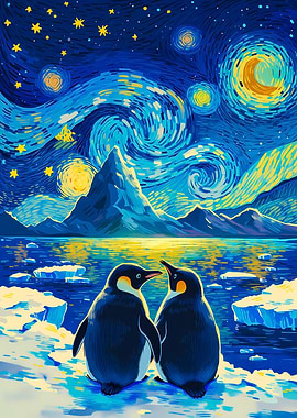 Penguins Under Starry Night Sky
