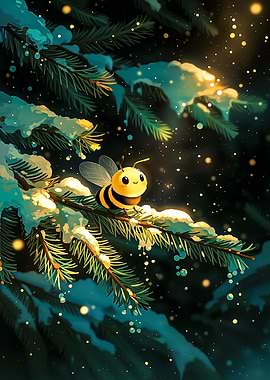 Cute Bee on Snowy Pine Branch