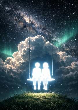 Children on a swing under the stars