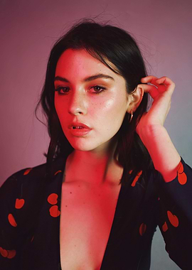 Gracie Abrams in Cherry Print Dress with Red Lighting