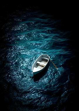 Lone rowboat on dark water