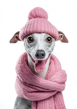 Cozy Whippet Dog in Pink Winter Hat and Scarf