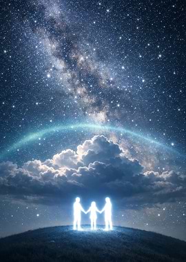 Family holding hands under the Milky Way