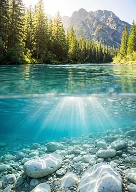 Turquoise River Split View: Mountain Forest & Underwater