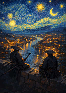 Samurai Overlooking a Starry Night Cityscape