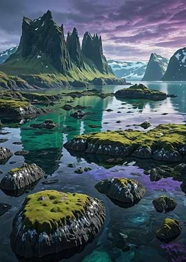 Emerald Fjord at Twilight — Dramatic Jagged Peaks and Moss-Covered Rocks