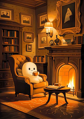 Cozy Ghost Reading by Fireplace