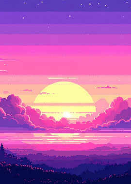 Pixel Art Sunset Over Mountains