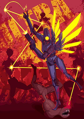 Robot Warrior Standing Over Defeated Foe