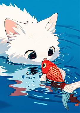Cute Cat and Goldfish in Water