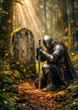 Knight kneeling at a tombstone