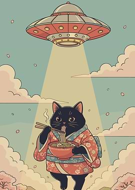 Cat in Kimono Eats Ramen Under UFO