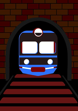 Blue train emerging from a brick tunnel