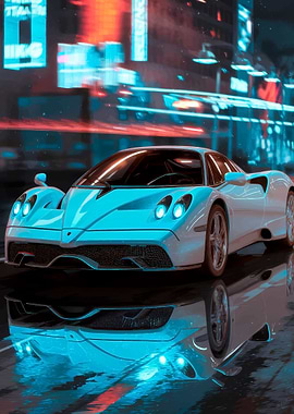 Cyberpunk White Sports Car Reflection