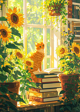 Cat Reading Among Sunflowers