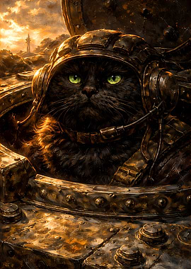 Black Cat Animal Soldier Tanker Oil Painting