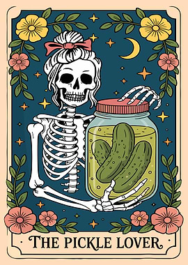 The Pickle Lover Poster, Quirky Skeleton Art Print, Whimsical Teal & Floral Wall Decor