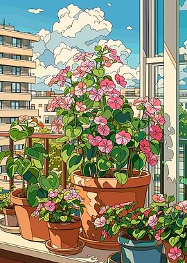 Balcony Garden with Pink Flowers