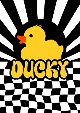 Retro Ducky with Sunburst and Checkered Background