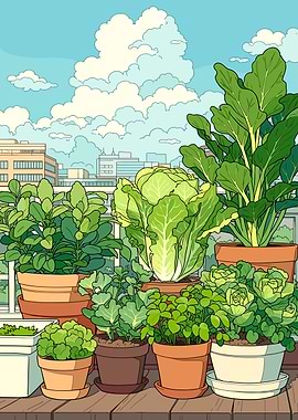 Urban Rooftop Garden with Lush Vegetables