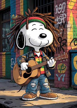 Snoopy playing guitar with dreadlocks