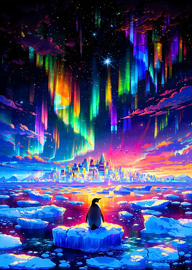 Penguin Under Aurora Borealis Cityscape