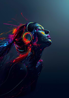 Woman Listening to Music with Colorful Splashes
