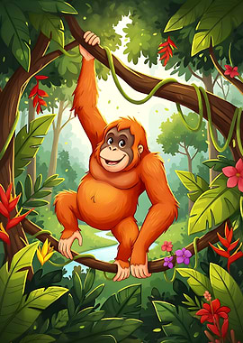 Happy Orangutan Swinging in Jungle
