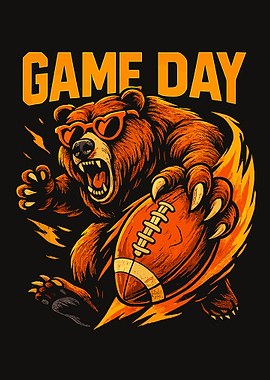 Game Day Football Poster, Fierce Bear Sports Wall Art, Flaming Mascot Print