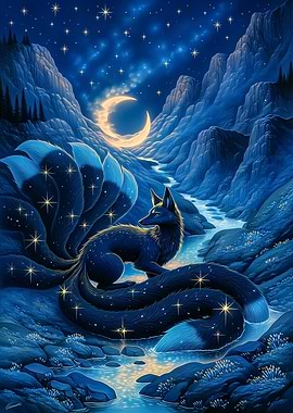 Mythical Fox Under a Crescent Moon