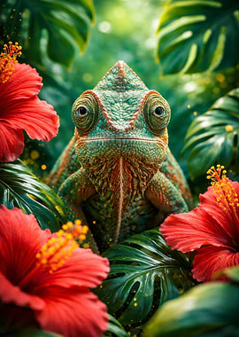 Chameleon in tropical flowers