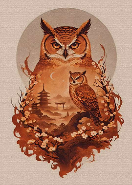 Two Owls in a Japanese Landscape