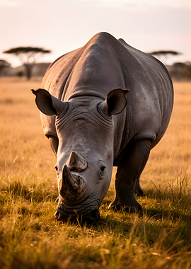 Rhino grazing in golden savanna light