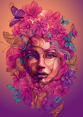 Surreal Woman with Butterflies and Flowers