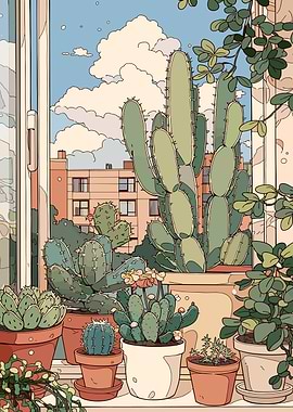 Window View of Cacti and Cityscape
