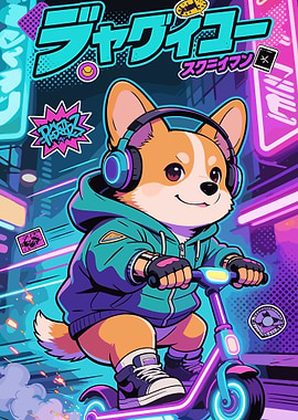 Cyberpunk Corgi Scooter Ride