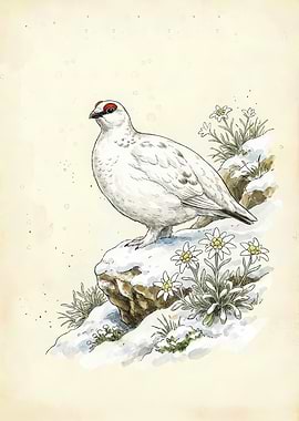 Alpine Rock Ptarmigan Watercolor Art - Swiss Alps Bird Field Guide Poster - Vintage Botanical Nursery Decor