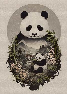 Mother and Baby Panda in Bamboo Forest