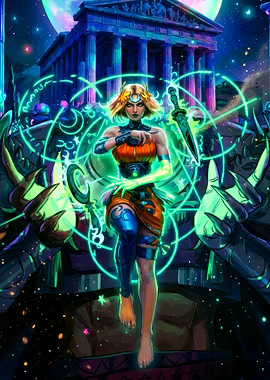 Goddess casting magic in front of temple