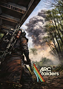Soldier facing explosion with ARC Raiders logo
