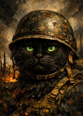 Black Cat Animal Soldier Oil Painting