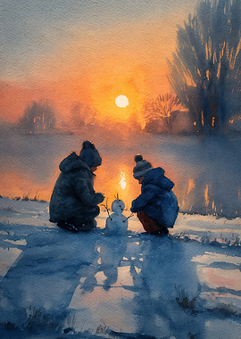 Children building a snowman at sunset