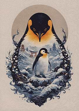 Penguin Family in Snowy Landscape