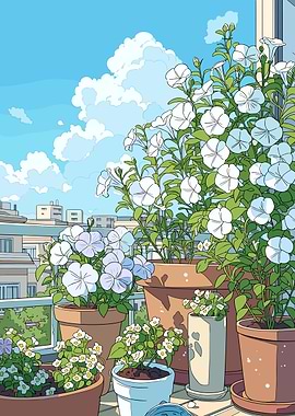Balcony Garden with White and Blue Flowers