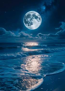 Full Moon Over Ocean Waves