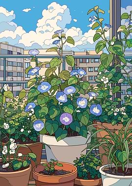 Balcony Garden with Morning Glories