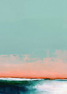 Abstract Horizon with Teal Sky and Coral Band