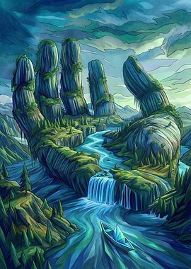 Hand-shaped mountains with river and boat